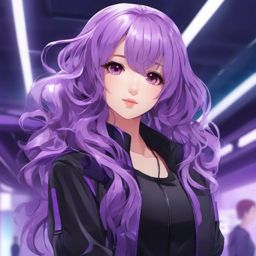 Girl with purple wavy hair in a high-tech academy.  front facing, profile picture, anime style