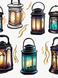 Enchanted Firefly Lanterns - Tattoo featuring firefly lanterns leading to an otherworldly realm.  simple color tattoo,white background