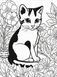 Kitty in a Garden Coloring Pages - Kitten Exploring a Flower Garden  minimal black outline printable sheet, coloring page