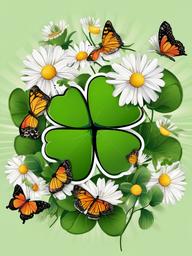 Four Leaf Clover clipart - clover surrounded by daisies and butterflies  