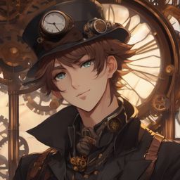 Mischievous anime boy in a steampunk world. , aesthetic anime, portrait, centered, head and hair visible, pfp