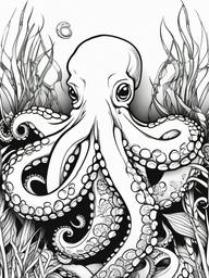 Octopus Coloring Pages - Octopus with seaweed wrapped around its tentacles  simple coloring pages