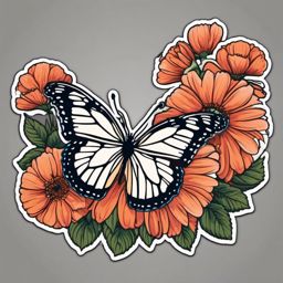 Butterfly and Flowers Sticker - Butterfly amidst blooming flowers, ,vector color sticker art,minimal