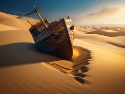 Heart of desert, mysterious shipwreck lays half-buried in golden sands, testament to stories of sailors lost to time. hyperrealistic, intricately detailed, color depth,splash art, concept art, mid shot, sharp focus, dramatic, 2/3 face angle, side light, colorful background