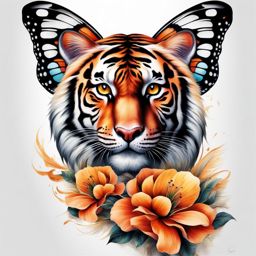 Tiger butterfly tattoo, A fusion of the grace of butterflies and the power of a tiger.  viviid colors, white background, tattoo design