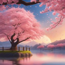 japanese cherry blossoms, a serene setting with sakura trees in full bloom and falling petals. 