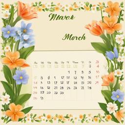 March clipart - calendar page turned to March with spring flowers  