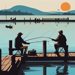 Fishing on a Pier Clipart - Anglers fishing on a pier.  color vector clipart, minimal style