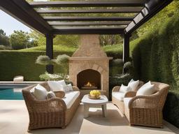 Mediterranean outdoor terrace with Ann Sacks stone walls, Serena & Lily wicker chairs, and custom Sunbrella canopy.  