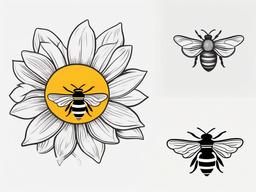 Bee and Daisy Tattoo-Symbolization of the harmony of nature with a bee and daisy tattoo, pollination and beauty.  simple color tattoo,minimal vector art,white background