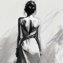 drawing of woman from behind  minimal rough scribbles,doodles,black and white