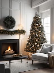 christmas tree clipart black and white in a cozy living room - adorned for celebration. 