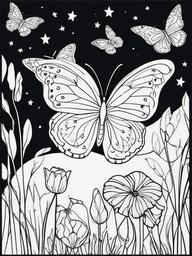 Butterflies and Stars Coloring Pages - Night Sky with Dreamy Butterflies  minimal black outline printable sheet, coloring page