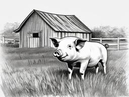 drawing of a pig on a farm  minimal rough sketch scribbles,doodles,black and white