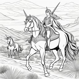 unicorn coloring pages - steadfast unicorn leading a caravan of travelers through a treacherous desert, guiding them to safety. 