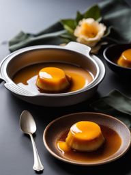 an individual serving of silky coconut flan, topped with a caramelized sugar glaze. 