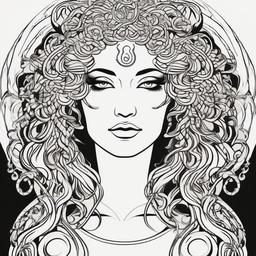 Line Art Medusa Tattoo - Embrace simplicity and elegance with a line art Medusa tattoo that highlights the contours and details of this mythical figure.  simple vector color tattoo,minimal,white background