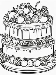 Birthday Cake with Fruit Toppings Coloring Pages - Cake Covered in Fresh Fruit  minimal black outline printable sheet, coloring page