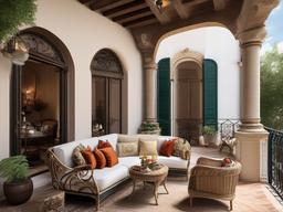 The balcony showcases Italian Renaissance interior design with elegant outdoor furniture, rich textiles, and classical decor that create an inviting space for relaxation and gatherings.  