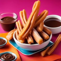 churros with chocolate dipping sauce, indulged at a vibrant fiesta in a mexican plaza. 