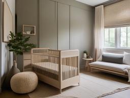 The nursery features Wabi Sabi interior design with organic fabrics, simple furnishings, and gentle colors that create a nurturing and serene space for the baby.  