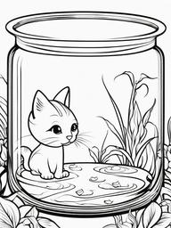 Kitty and Fish Coloring Pages - Curious Kitty Watching a Fishbowl  minimal black outline printable sheet, coloring page