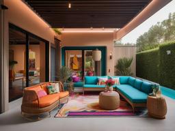 The pool area embraces maximalist interior design with colorful loungers, playful decor, and a vibrant atmosphere that creates an exciting space for summer enjoyment.  