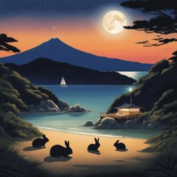 okunoshima island - illustrate the tranquil night on okunoshima island, also known as rabbit island, with fluffy bunnies under the moonlight. 