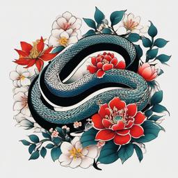 japanese snake and flower tattoo designs  simple color tattoo,white background,minimal