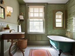 Vintage small bathroom incorporates retro tiles, colorful fixtures, and nostalgic decor, creating a warm and inviting space despite its size.  