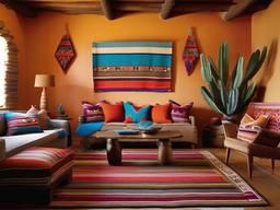 Southwestern living room with vibrant textiles and adobe-style walls.  