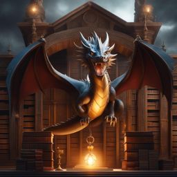 magical dragon guarding an ancient library of arcane knowledge, its scales adorned with mystical symbols. 
