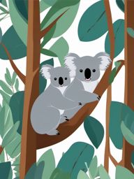 Koala Family Clip Art - Family of koalas in eucalyptus trees,  color vector clipart, minimal style