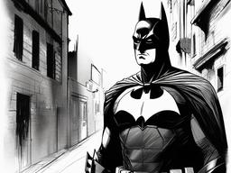 drawing of Batman in a dark alley  minimal rough sketch scribbles,doodles,black and white