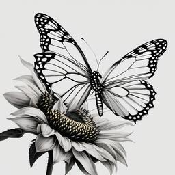 meaningful sunflower and butterfly tattoo  simple color tattoo, minimal, white background