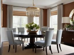 The dining nook features Regency interior design with a round table, upholstered chairs, and chic accents that create an intimate and stylish space for meals.  