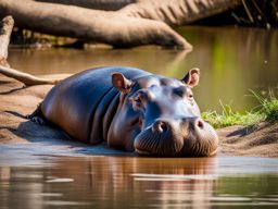 chubby baby hippo, lounging in a muddy waterhole. 