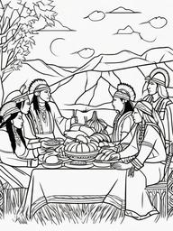 Native American Coloring Pages - Indigenous People Celebrating Thanksgiving  minimal black outline printable sheet, coloring page