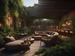 The terrace embraces Post-Apocalyptic interior design with rugged furniture, earthy decor, and overgrown greenery, providing a distinctive space for gatherings and enjoyment.  