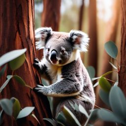 Cute Koala Clinging to Eucalyptus Trees in a Eucalyptus Forest 8k, cinematic, vivid colors