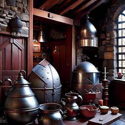 medieval castle kitchen with a roaring hearth and suits of armor. 