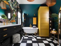 A small bathroom designed with maximalist interior design highlights bold patterns, vibrant colors, and unique fixtures that make the space feel playful and full of character.  