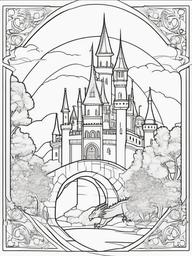 Dragon and Fairy Tale Castle Coloring Pages - Enchanted Scene of Royalty  minimal black outline printable sheet, coloring page