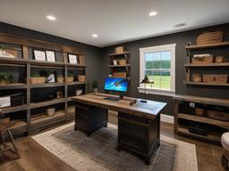 Farmhouse gamer room offers a large desk, comfortable seating, and rustic accents that create a warm and welcoming environment for gaming and socializing.  