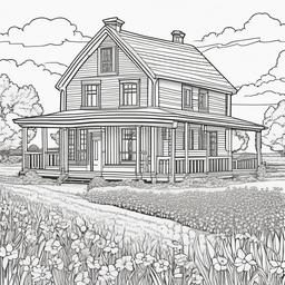 Summer Coloring Pages - Charming farmhouse surrounded by fields of wildflowers  simple coloring pages