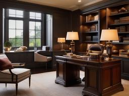 Georgian home office showcases classic furnishings, elegant finishes, and warm lighting that provide a cozy yet sophisticated environment for work.  