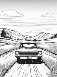 Car in the Countryside Coloring Pages - Peaceful Drive Through Scenic Fields  minimal black outline printable sheet, coloring page