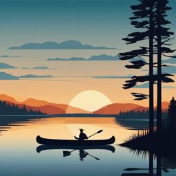 Canoeing on a Peaceful Lake at Dawn Clipart - A canoe gliding on a peaceful lake at dawn.  color vector clipart, minimal style