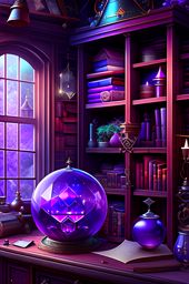 wizard's study with towering shelves of spellbooks and a mystical crystal ball. 
