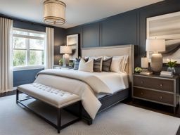 transitional bedroom with a blend of modern and traditional decor. 